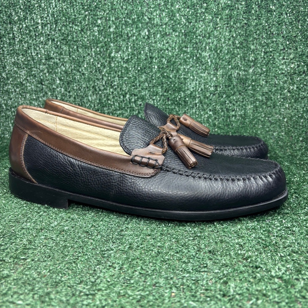 NEW Brass Boot Tassel Pebbled Leather Two Tone Classic Loafers Black Mens Sz 12M